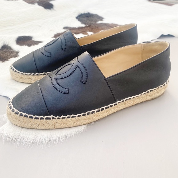 CHANEL Shoes - Chanel Black Lambskin Espadrille Flats Size 9